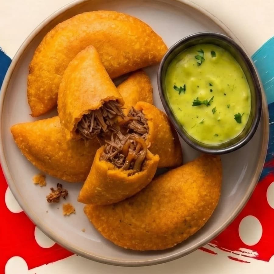 Plate of corn empanadas, one broken open to show shredded beef, beside a pot of green dip