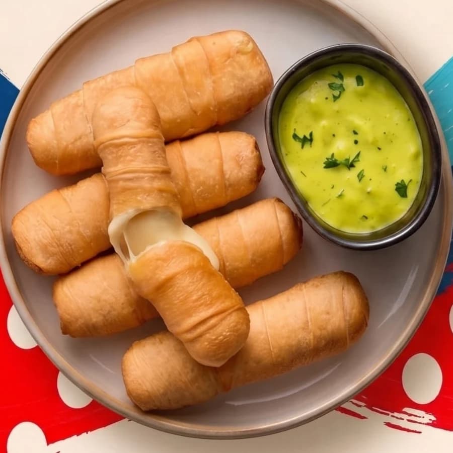Plate of fried tequeños with cheese pulling from one, beside a pot of green dip